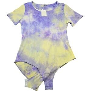 Mangopop Bodysuit Leotard Purple Yellow Tie Dye NEW Short Sleeves Womens Size XL